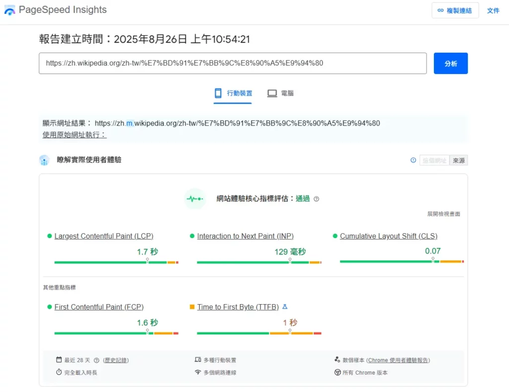 PageSpeed Insights 手機版分數畫面